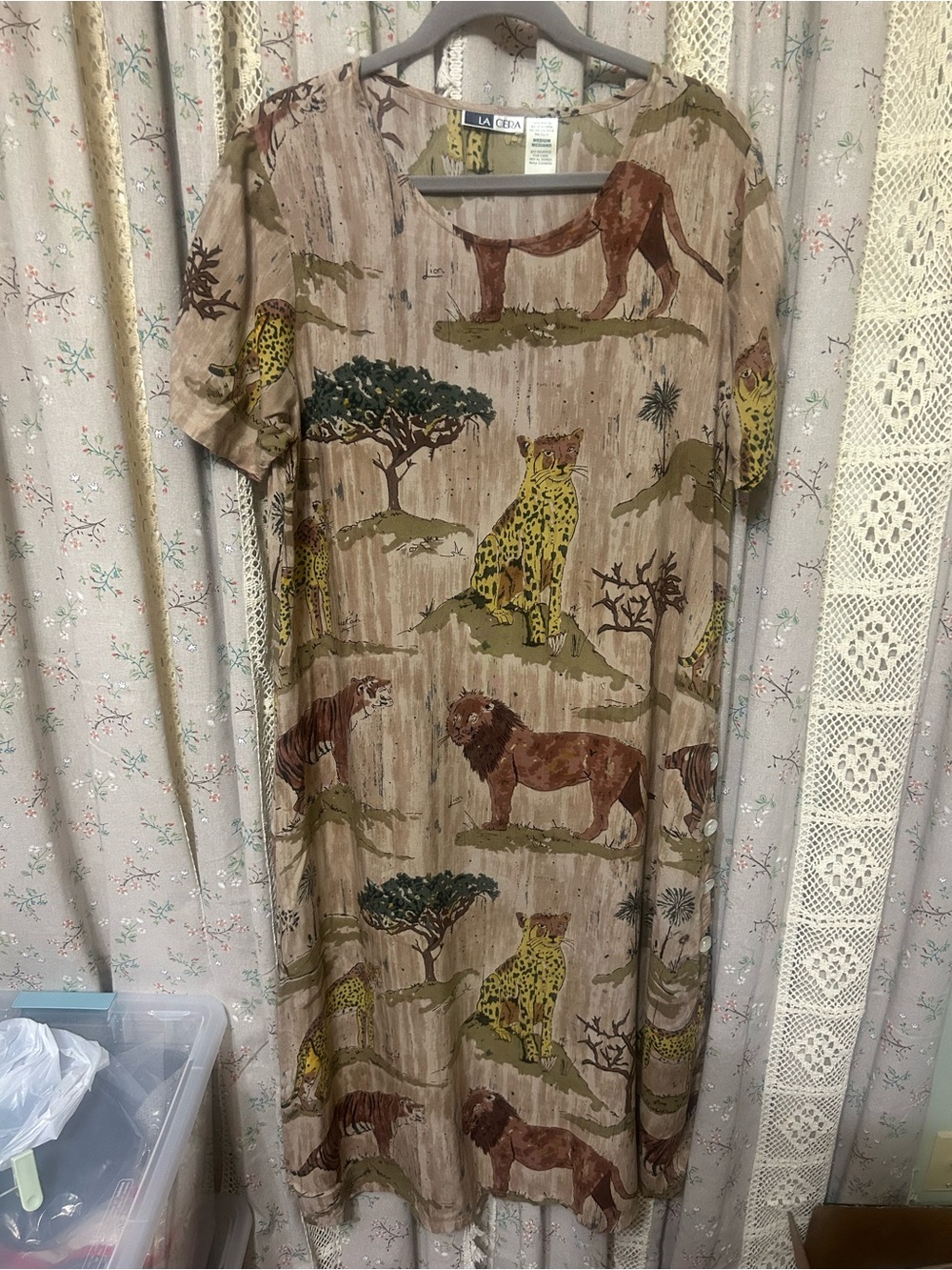 LA CERA Oversized Safari Animal Print Rayon Midi Dress‎ Artsy Lagenlook M